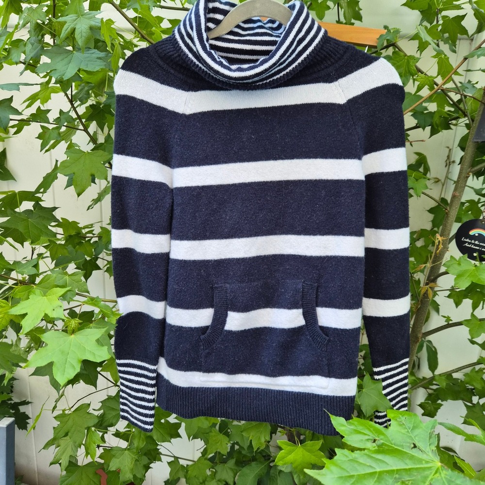 Loft Navy White Striped Cowl Neck Sweater Kangaroo Pocket XS Coastal Preppy